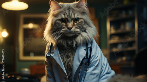cat in a doctors lab coat and stethoscope © siripimon2525
