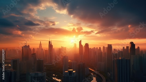 Beautiful modern city on a sunset background. AI generated.