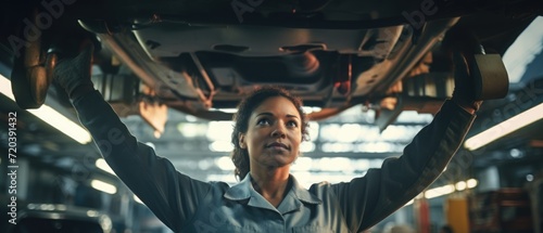 professional mechanic woman, worker working repair leaning under a vehicle in a garage, Auto car repair service center. Mechanic examining car suspension, Generative AI