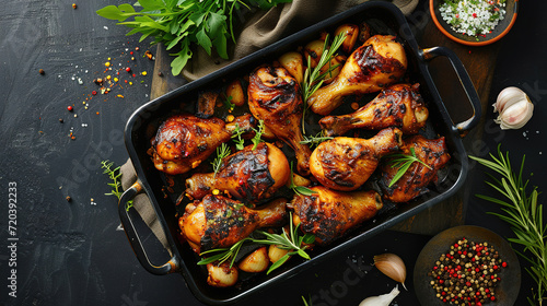 grilled chicken legs mixed with brown garlic sauce , with empty copy space, food advertising, professional food photography 