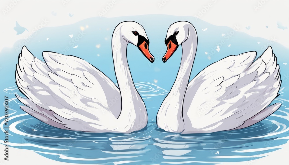 Fototapeta premium Two white swans swimming in the water