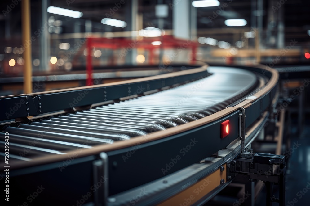 A conveyor belt in a large warehouse efficiently transports goods from one area to another, Low Angle on conveyor belt in warehouse, AI Generated