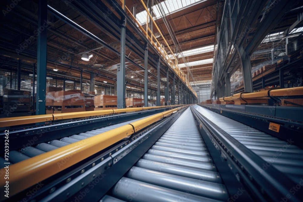 A view of multiple rows of conveyor belts in a spacious warehouse, Low Angle on conveyor belt in warehouse, AI Generated A view of multiple rows of conveyor belts in a spacious warehouse, Low Angle on conveyor belt in warehouse, AI Generated