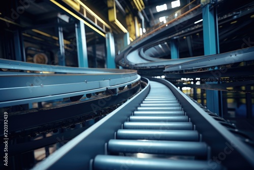 A photograph of a train track in a train station  with a blurry background  Low Angle on conveyor belt in warehouse  AI Generated