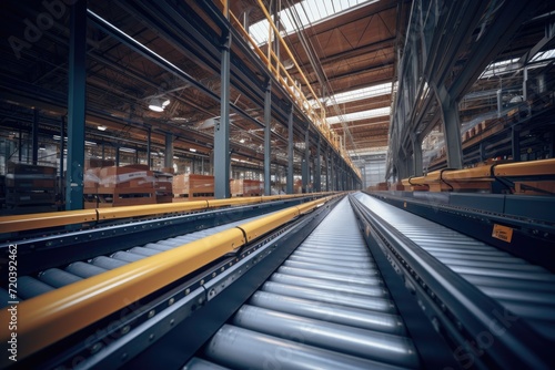 A view of multiple rows of conveyor belts in a spacious warehouse, Low Angle on conveyor belt in warehouse, AI Generated