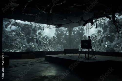 Indoor black and white photograph of a multimedia art installation with wall projections of semi-abstract jungle foliage. From the series “Imaginary Museums," "TV."