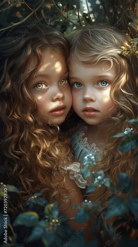 Two little girls are hugging each other in the woods Two little girls are hugging each other in the woods