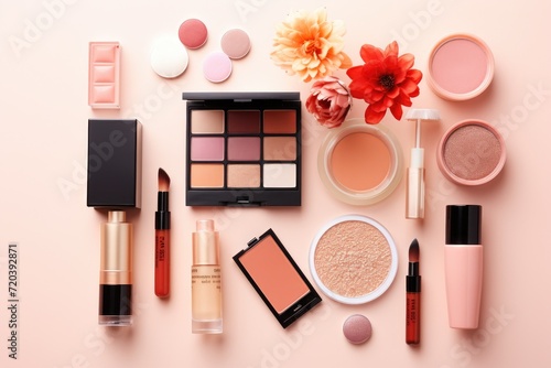 A wide range of cosmetics and makeup products displayed on a vibrant pink background, Make-up beauty products at pastel background, Powder, foundation, mascara, lipsticks, Flat lay, AI Generated