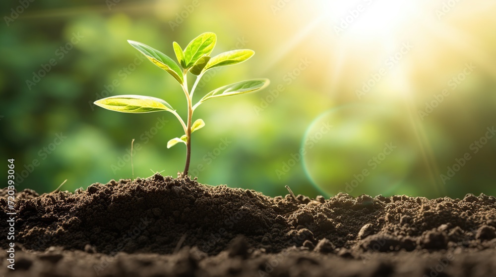 A small plant grows in soil against a blurred backdrop of vegetation, illuminated by gentle sun rays. A small plant grows in soil against a blurred backdrop of vegetation, illuminated by gentle sun rays.