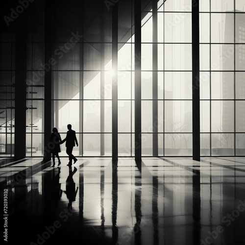 Black and white indoor photograph of two people shown in silhouette walking through a huge foyer in a modern office building. From the series “Art Film - Black and White.
