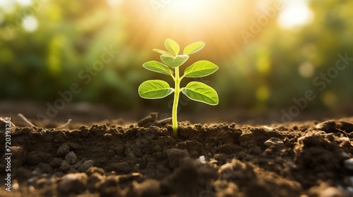 A small plant grows in soil against a blurred backdrop of vegetation, illuminated by gentle sun rays.