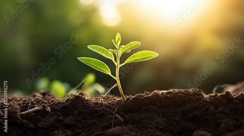 A small plant grows in soil against a blurred backdrop of vegetation, illuminated by gentle sun rays.