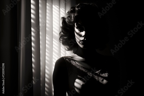 Indoor black and white closeup photo of a darkened room with a glamorous woman half in shadow, looking at the camera. From the series “Art Film - Black and White," "The Lovely Ladies."
