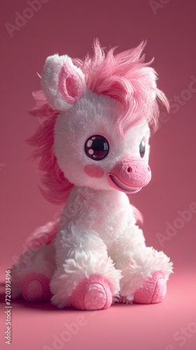A pink and white stuffed animal sitting on a pink surface