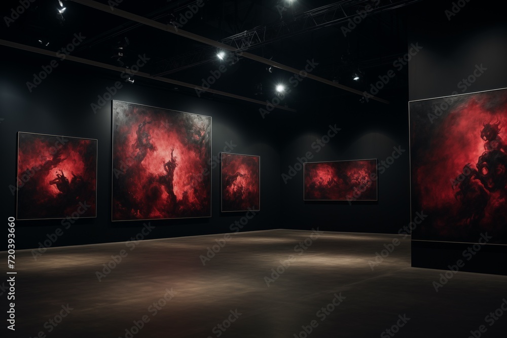 Indoor color photograph of a darkened museum exhibition hall hung with paintings of fire, in red and black. From the series “Imaginary Museums." - obrazy, fototapety, plakaty 