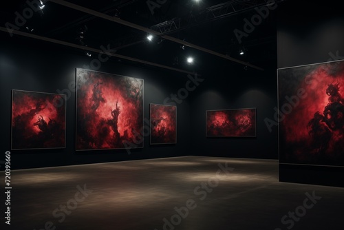 Indoor color photograph of a darkened museum exhibition hall hung with paintings of fire, in red and black. From the series “Imaginary Museums."