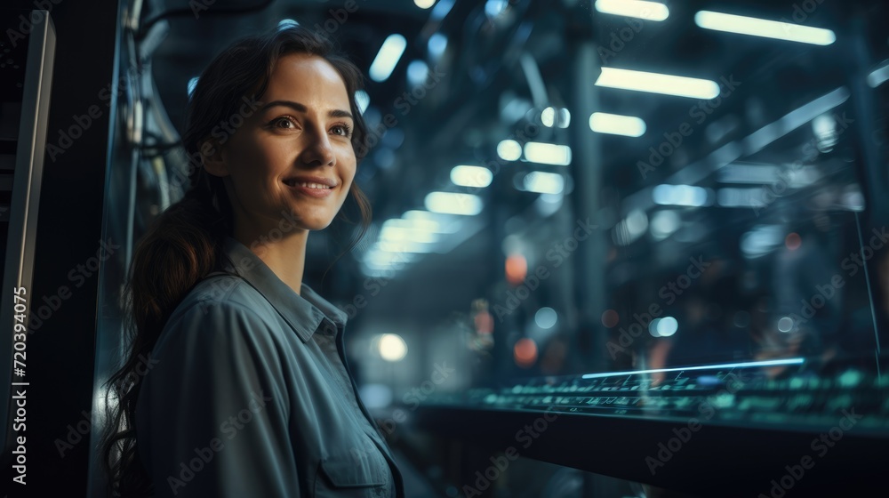 Fototapeta premium Confident female worker checking detailing expert EV car getting ready to use in a modern automotive manufacturing with skillfully operating high tech machinery, Generative Ai