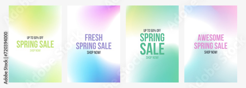 Spring Sale Commercial Set. Springtime season sale promotional backgrounds with soft color blurred gradients. Vector illustration.