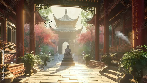 Animation traditional chinese temple in the morning. seamless 4k video background. generated with ai photo