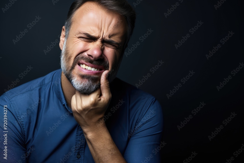 A man wearing a blue shirt is holding his hand against his face in a gesture of surprise or disbelief, Man suffering from strong tooth pain, AI Generated A man wearing a blue shirt is holding his hand against his face in a gesture of surprise or disbelief, Man suffering from strong tooth pain, AI Generated
