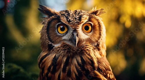 a close up of an owl with a blurry background and trees in the background, with a yellow eye, generative ai © Vitaliy
