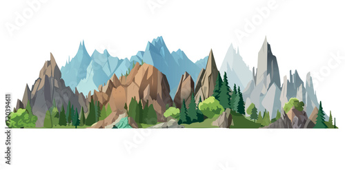 Mountains of colorful set. The mountains take center stage, enriched by a whimsical cartoon design that accentuates their breathtaking features. Vector illustration.