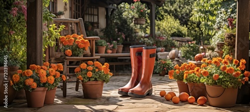 Colorful flowerpots and red boots in a sunny garden create a charming gardening background photo
