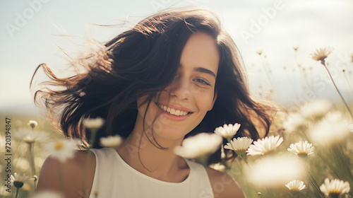 Bellissima ragazza con capelli neri in un prato pieno di fiori in primavera 