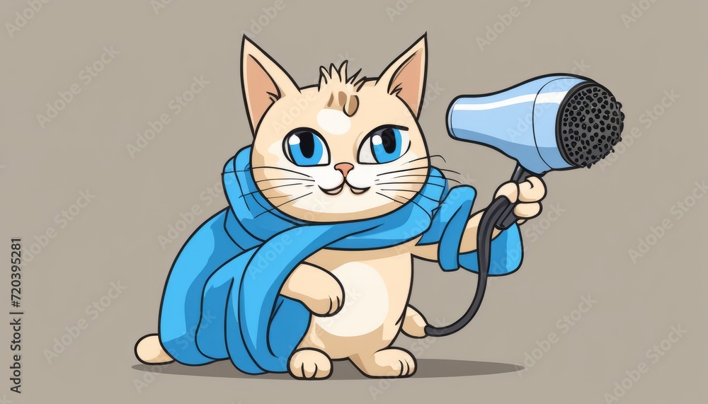 Fototapeta premium A cartoon cat holding a hair dryer