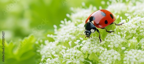 Ladybug on white flower with bright spring background and copy space for text placement © Ilja