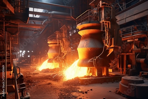 A factory setting filled with a multitude of machines and fiery flames., Metal casting in a blast furnace at a metallurgical plant or factory with liquid iron being poured, AI Generated