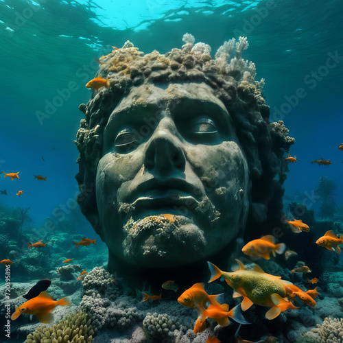 The head of the statue under the waters of the ocean.