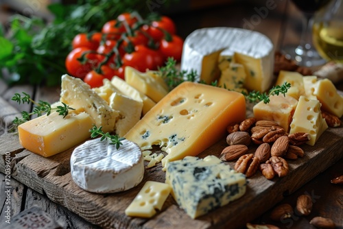 Cheese platter with different types of cheese and snacks on a wooden table. Dairy products. Assortment of cheese with copy space. International cheese specialities. wine snacks concept.