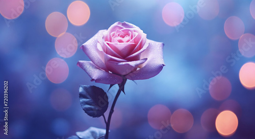 a single pink rose with a blurry background of lights in the background is a blurry image of a rose  generative ai