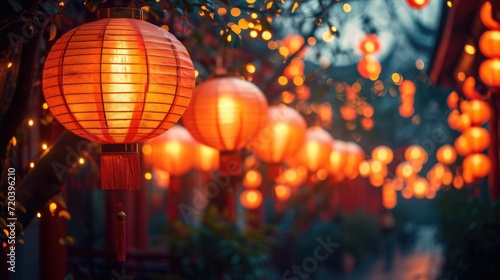 red lanterns chinese new year decoration celebratiion in town on road. traditional asian festival photo