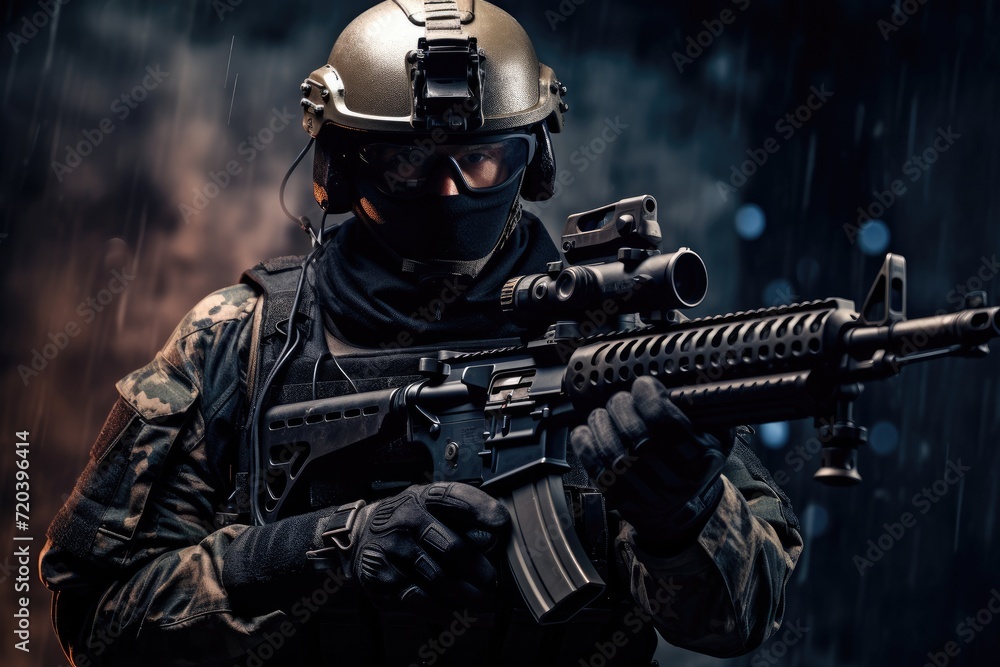 A man wearing a helmet and holding a rifle for protection in a professional setting., Modern army special forces soldier police, swat team member, AI Generated A man wearing a helmet and holding a rifle for protection in a professional setting., Modern army special forces soldier police, swat team member, AI Generated