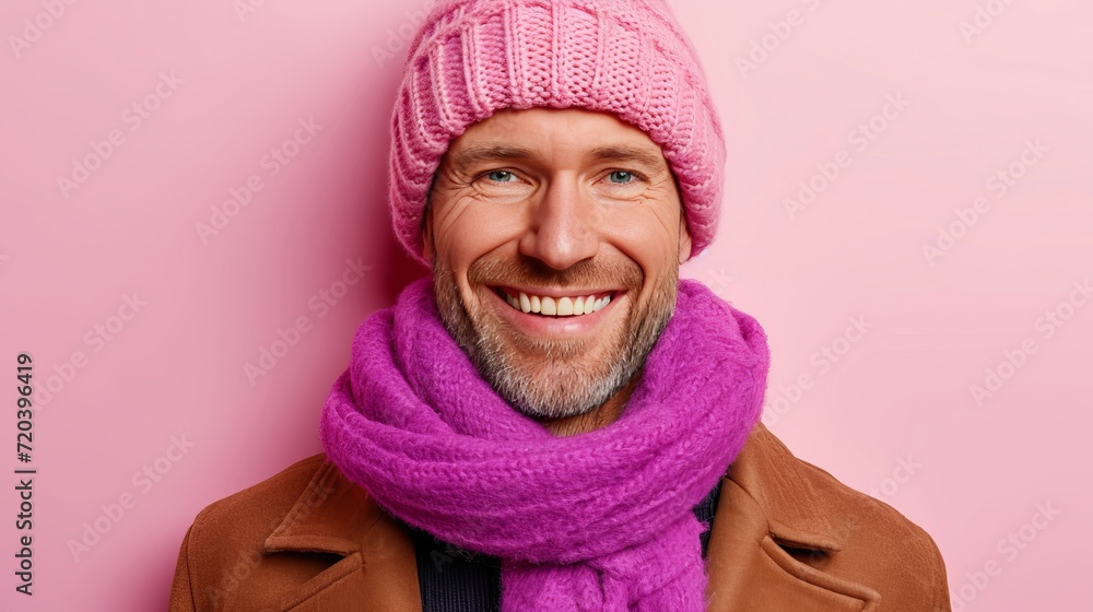 Smiling man with scarf and knitted hat on pastel background, copy space for text Smiling man with scarf and knitted hat on pastel background, copy space for text