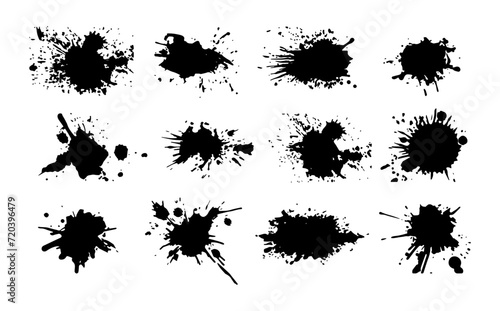 Grunge abstract splashes black silhouettes set  vector illustration. Iink splatter. Drops blots high quality manually traced. 