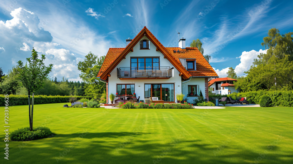 Idyllic German Home: Bright Facade with Lush Green Grass in Perfect Weather Idyllic German Home: Bright Facade with Lush Green Grass in Perfect Weather