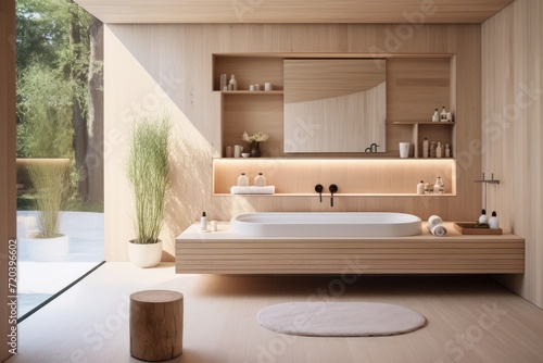 A bathroom featuring a generously-sized tub and a sink for ultimate convenience.  Modern farhmouse decor bathroom with wood accents and pale colors  AI Generated