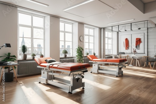 An image of a hospital room featuring a bed and chairs, providing a comfortable environment for patients and visitors., Modern rehabilitation physiotherapy, AI Generated