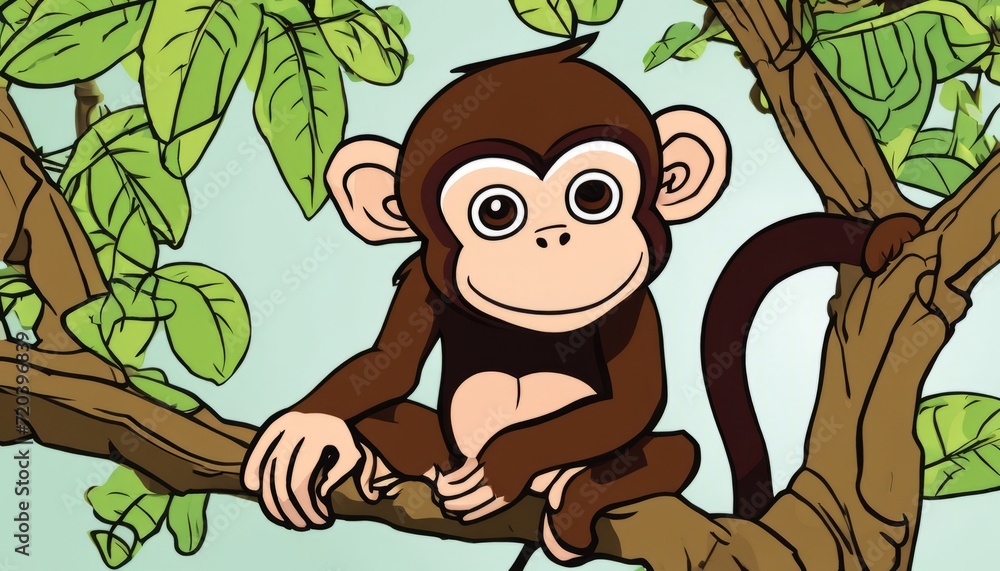 Naklejka premium A cartoon monkey sitting on a tree branch