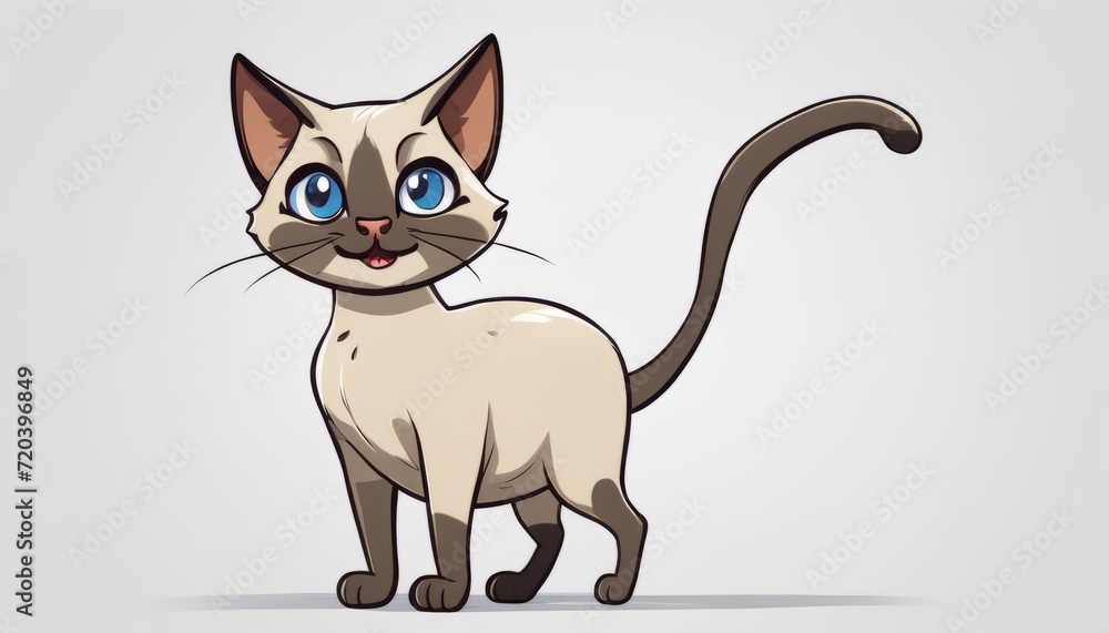 A cartoon cat with blue eyes and a long tail
