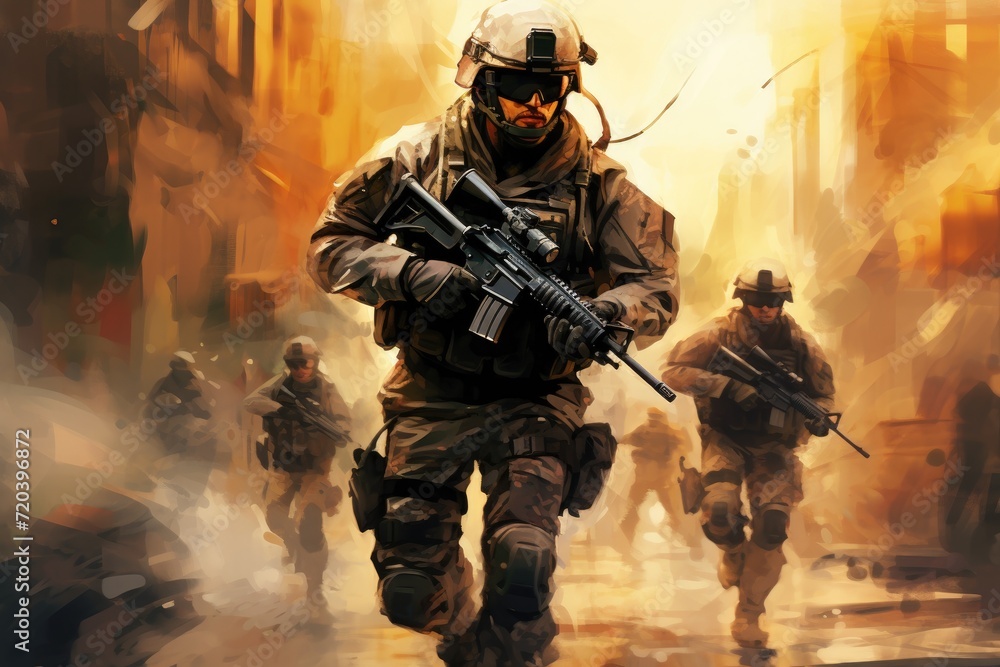 A group of soldiers in uniform walks in step down a city street., Modern warfare soldiers moving forward, AI Generated A group of soldiers in uniform walks in step down a city street., Modern warfare soldiers moving forward, AI Generated