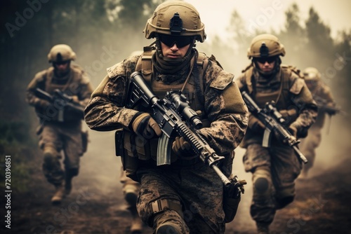 A group of soldiers walk down a dirt road in formation, with their gear and weapons in tow., Modern warfare soldiers moving forward, AI Generated