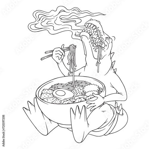 coloring illustration of dinosaur eat ramen 
