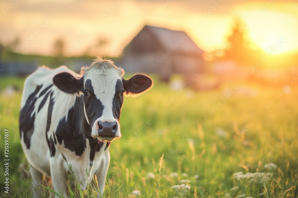 One domestic cow grazing in a summer meadow, blurred house or farm in the background