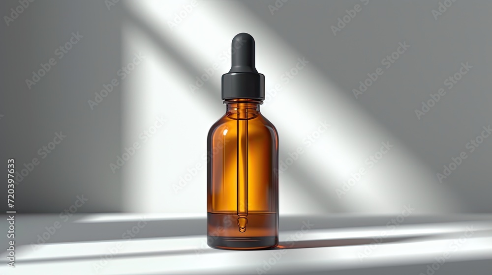 Brown glass  bottle with dropper for aromatherapy oil or natural cosmetic product, concept of skin care