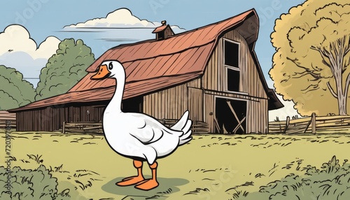 A white swan with orange feet standing in front of a barn photo