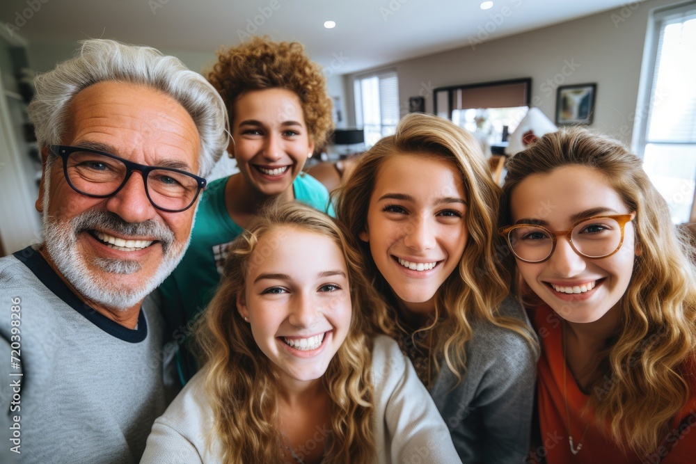 A diverse group of friends and family members gather and smile for a photo, cherishing a special moment together., Multigenerational family taking a selfie at home in the living room, AI Generated A diverse group of friends and family members gather and smile for a photo, cherishing a special moment together., Multigenerational family taking a selfie at home in the living room, AI Generated